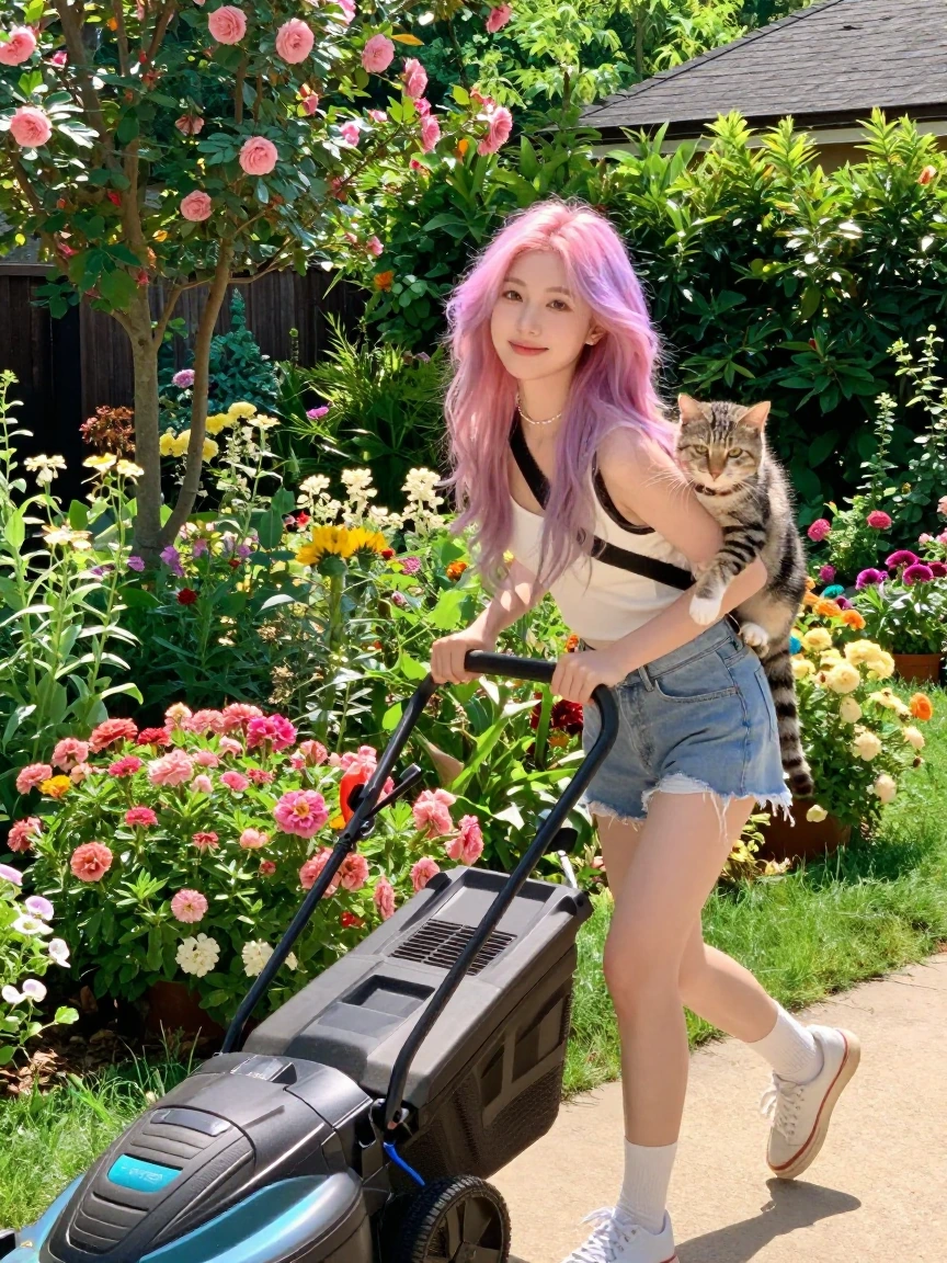 Crazy girlfriend pastel hair mowing her yard in the bright sunlight with a cat strapped to her back and enjoying the ride. So many flowers and beautiful yard.