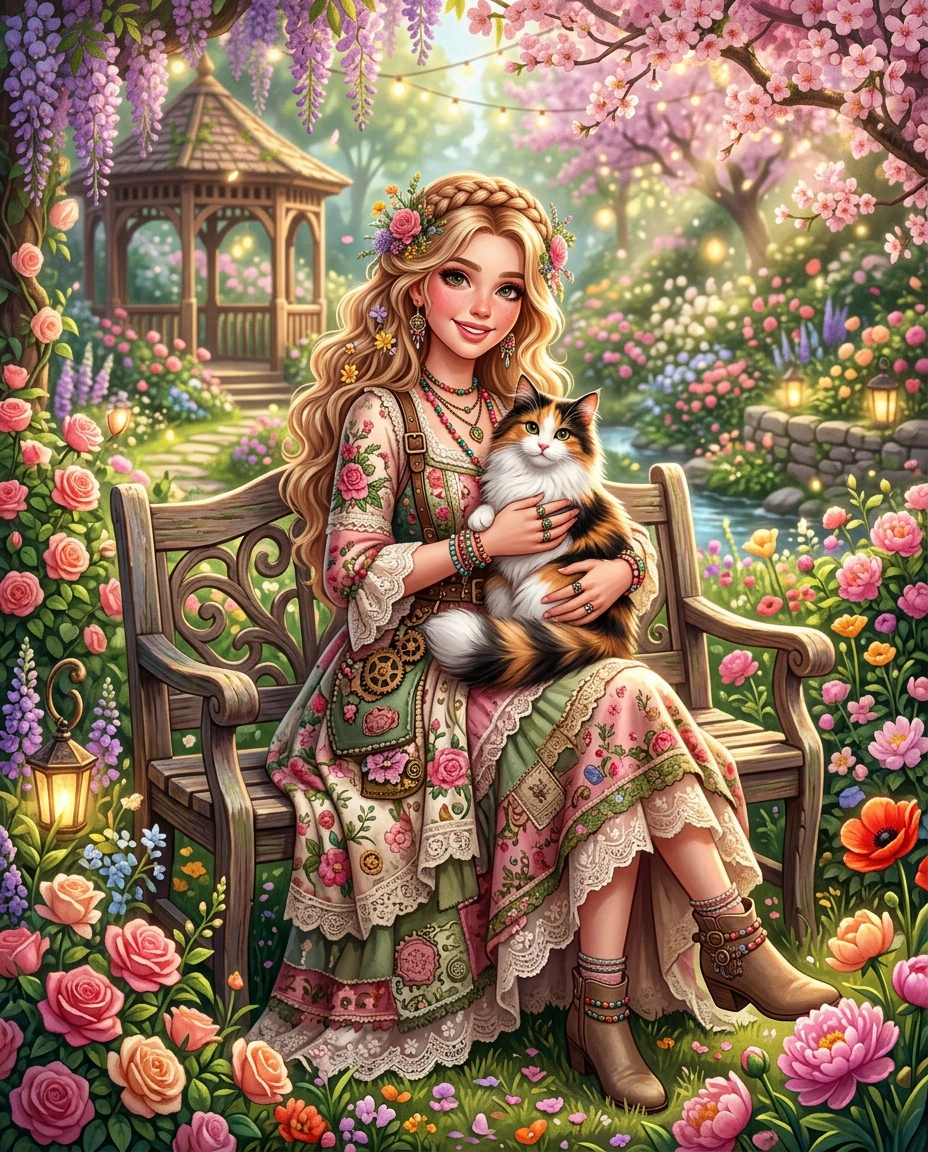 Beautiful woman floralpunk, with a cat, floral spring background, artsy 3d