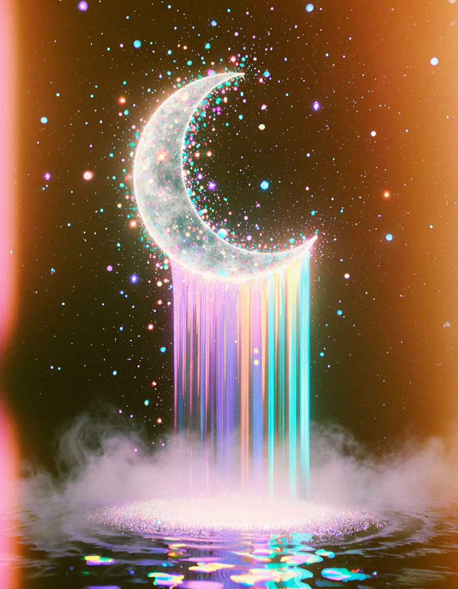 A luminous crescent moon suspended in a pitch-black cosmic void, casting ethereal silver-purple light that pierces through a dense shower of glowing p
