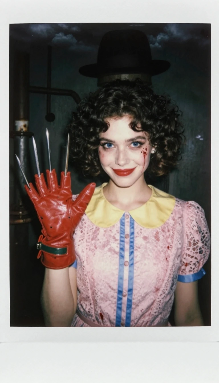 Photorealistic Polaroid portrait of a beautiful young woman with short voluminous curly dark brown hair, striking blue eyes, light freckles across her face, bold red lipstick, innocent yet subtly sinister expression with a slight smirk, wearing a vin