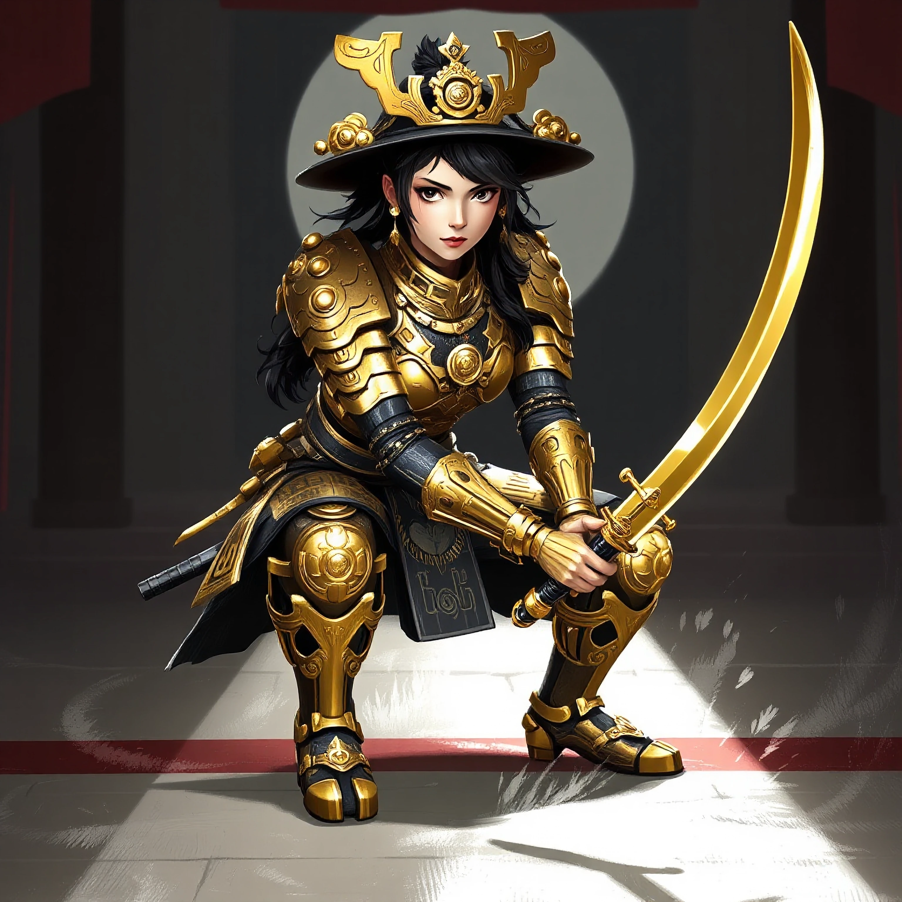 A beautiful female samurai with ornate brass steampunk style armor, gear motifs, metal boots, holding a gleaming bronze katana, crouching with her sword ready, full body shot. dojo background. hyper detailed