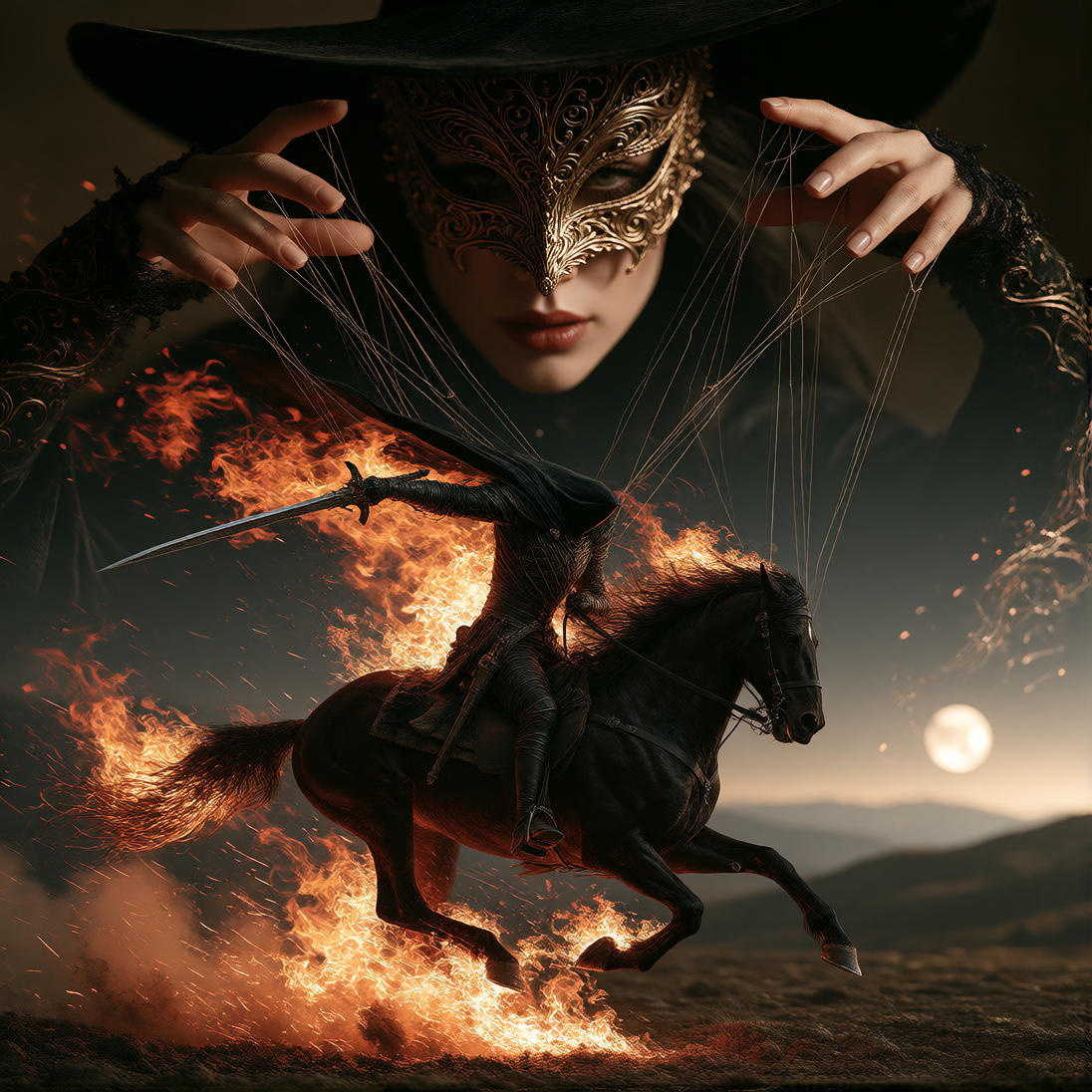 Split composition: upper half shows a masked witch with porcelain skin and intricate golden filigree mask, delicate puppet strings extending downward 