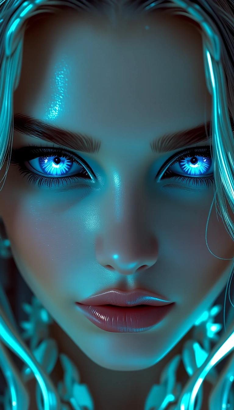 Close-up portrait of a beautiful supermodel from another dimension with striking, otherworldly eyes. Her irises are electric blue with a deep sapphire outer ring transitioning into bright icy cyan near the center, featuring intricate crystalline radi