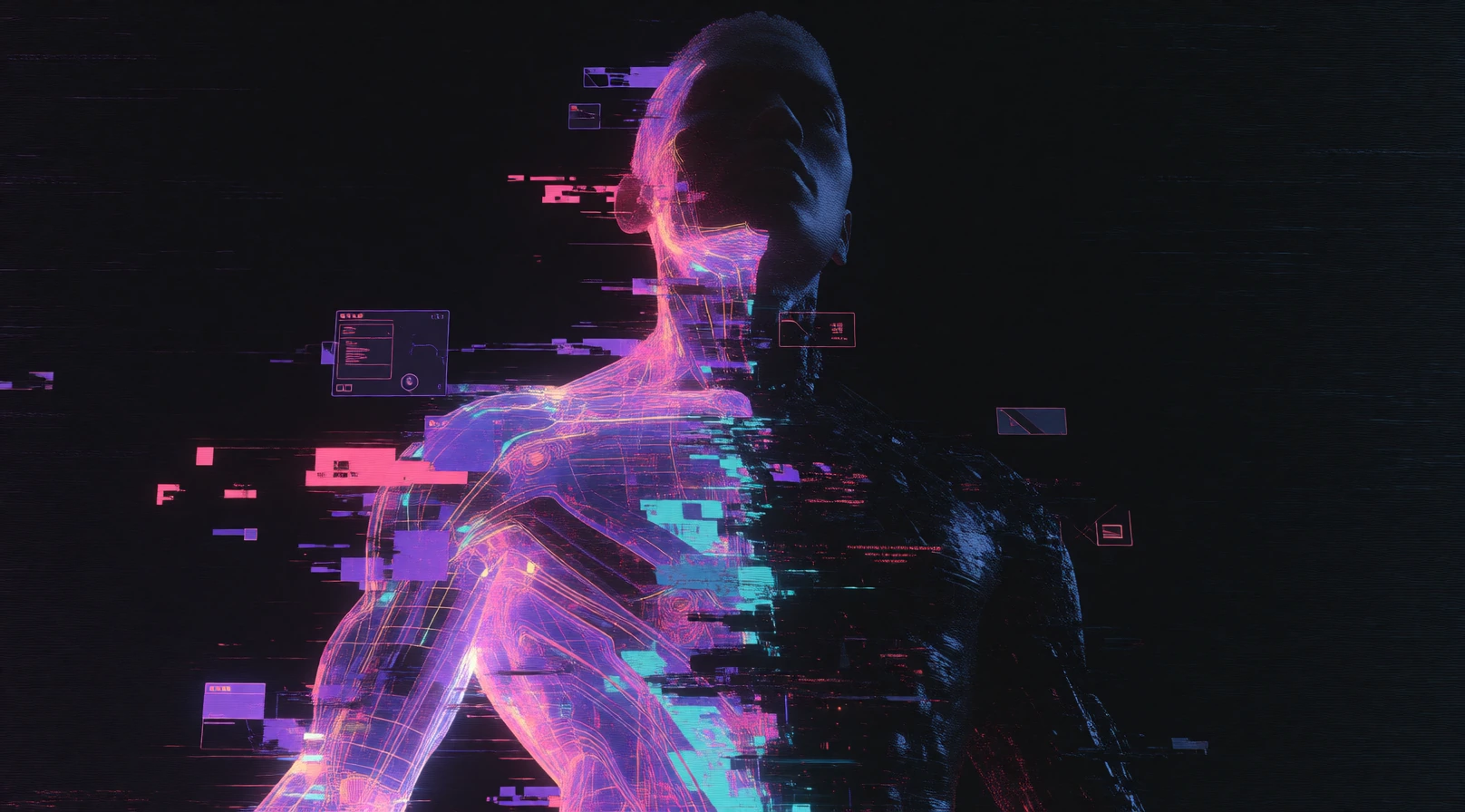 16:9 keyframe, high-grade illustration mixed with raw hand-drawn animation and digital glitch aesthetics, bold imperfect black lines, dense scan-line textures, and extreme neon saturation, --sref 1230023020 “Behold, the AI is us.” A powerful central 