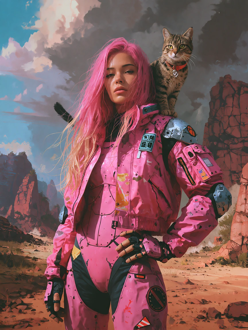 Woman with long pink hair wearing futuristic pink armor suit, tabby cat perched on shoulder, mountainous desert landscape background, cinematic sci-fi aesthetic, dramatic soft lighting, confident portrait pose, cyberpunk fashion