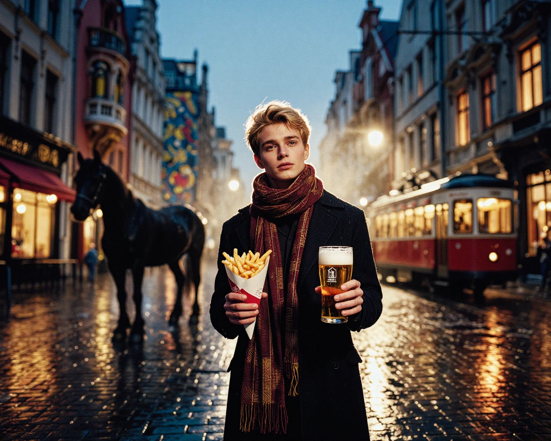 A cinematic portrait of a confident young man standing on a rain-soaked cobblestone square at blue hour, holding a paper cone of golden fries with one hand and a Belgian-style dubbel beer in the other. Behind him, elegant Art Nouveau façades blend in