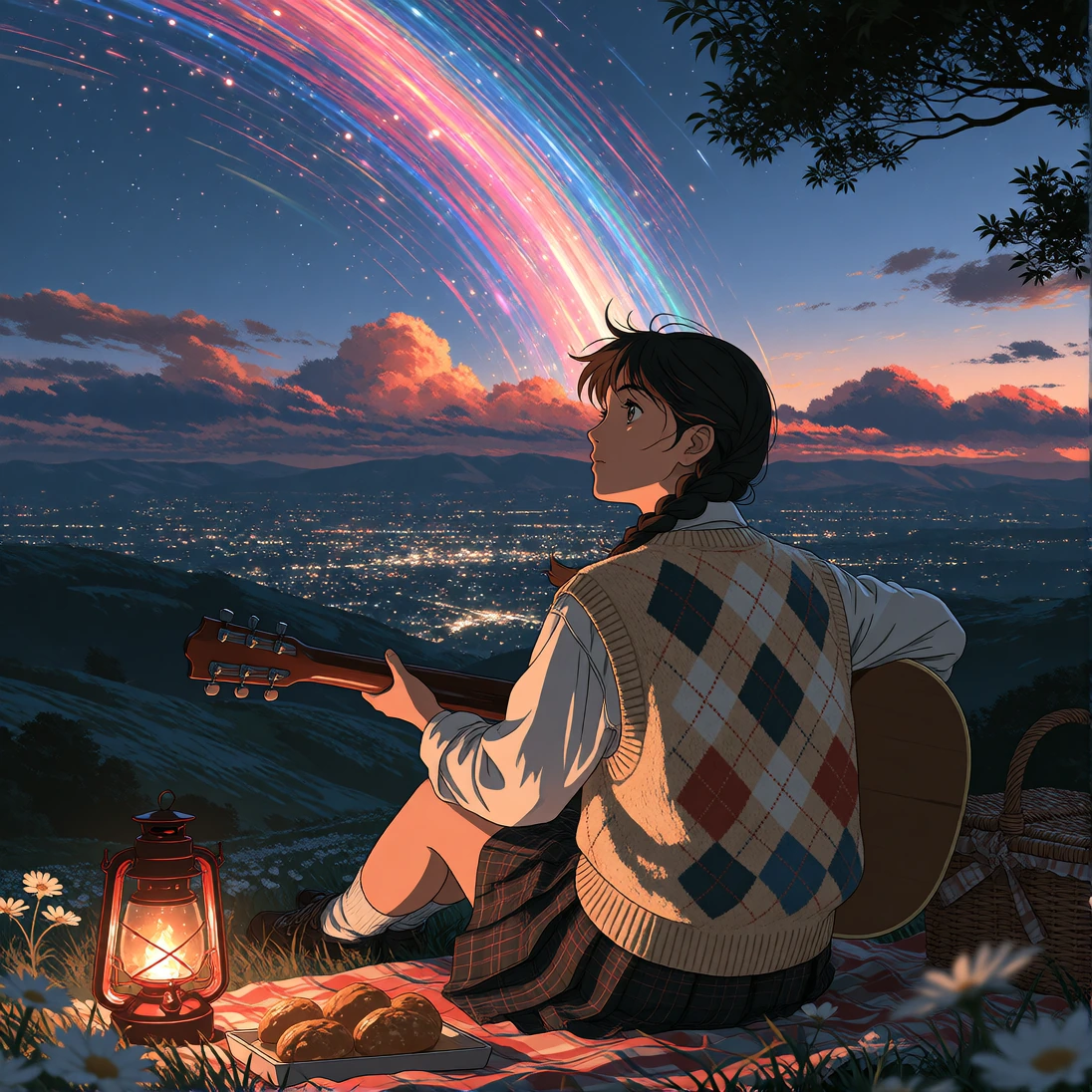 Girl with dutch braids in argyle sweater vest and pleated skirt sitting on hillside at twilight with acoustic guitar, gazing at distant city lights. Makoto Shinkai lighting with volumetric light shafts cutting through indigo sky, neon orange and elec