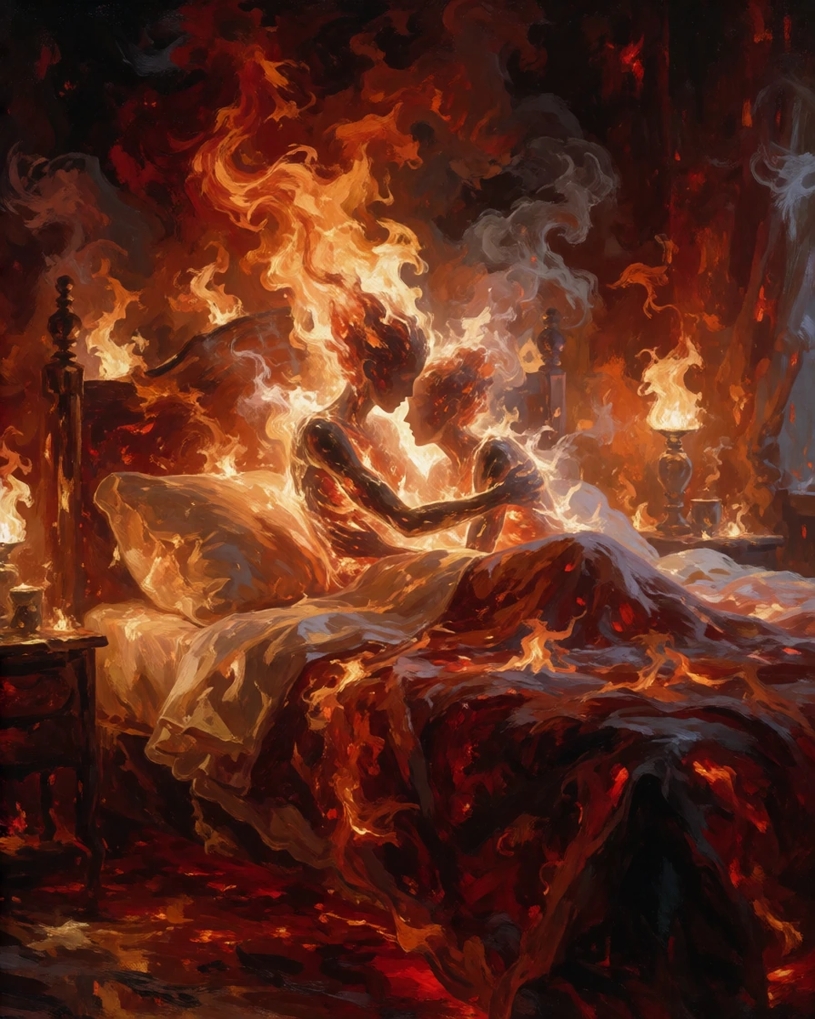 masterpiece, best quality, highres, cinematic abstract expressionist painting, surreal fire world, sculptural flame forms, rich layered brushstrokes,