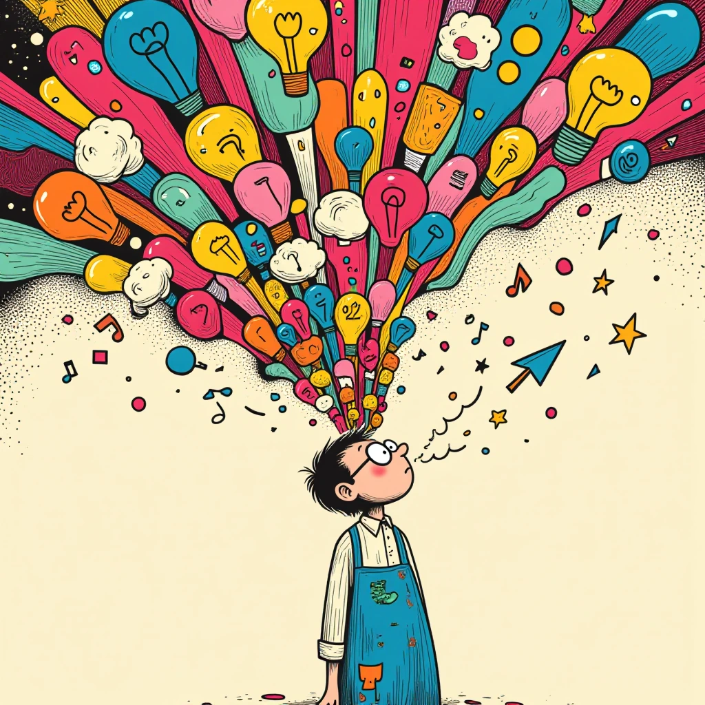 Capture a whimsical cartoon-style illustration of a wide-eyed creative person mid-vomit, expelling a spectacular cascade of colorful ideas instead of anything gross — vibrant rainbow lightbulbs, swirling thought bubbles, tiny dancing paintbrushes, mi