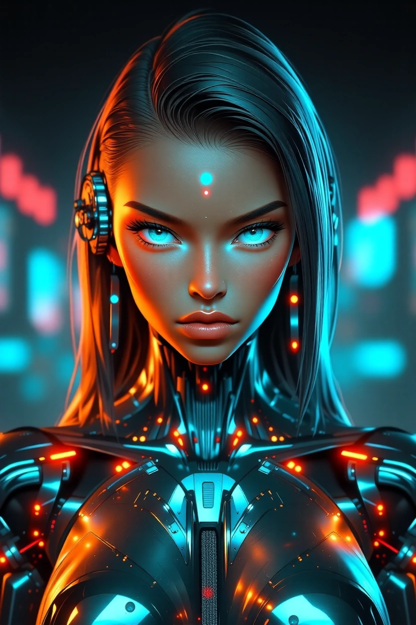 Create A futuristic female cyborg, blending organic and robotic elements. Appearance: * Body: Highly detailed, 3D model in UHD, 8K resolution. * Skin: