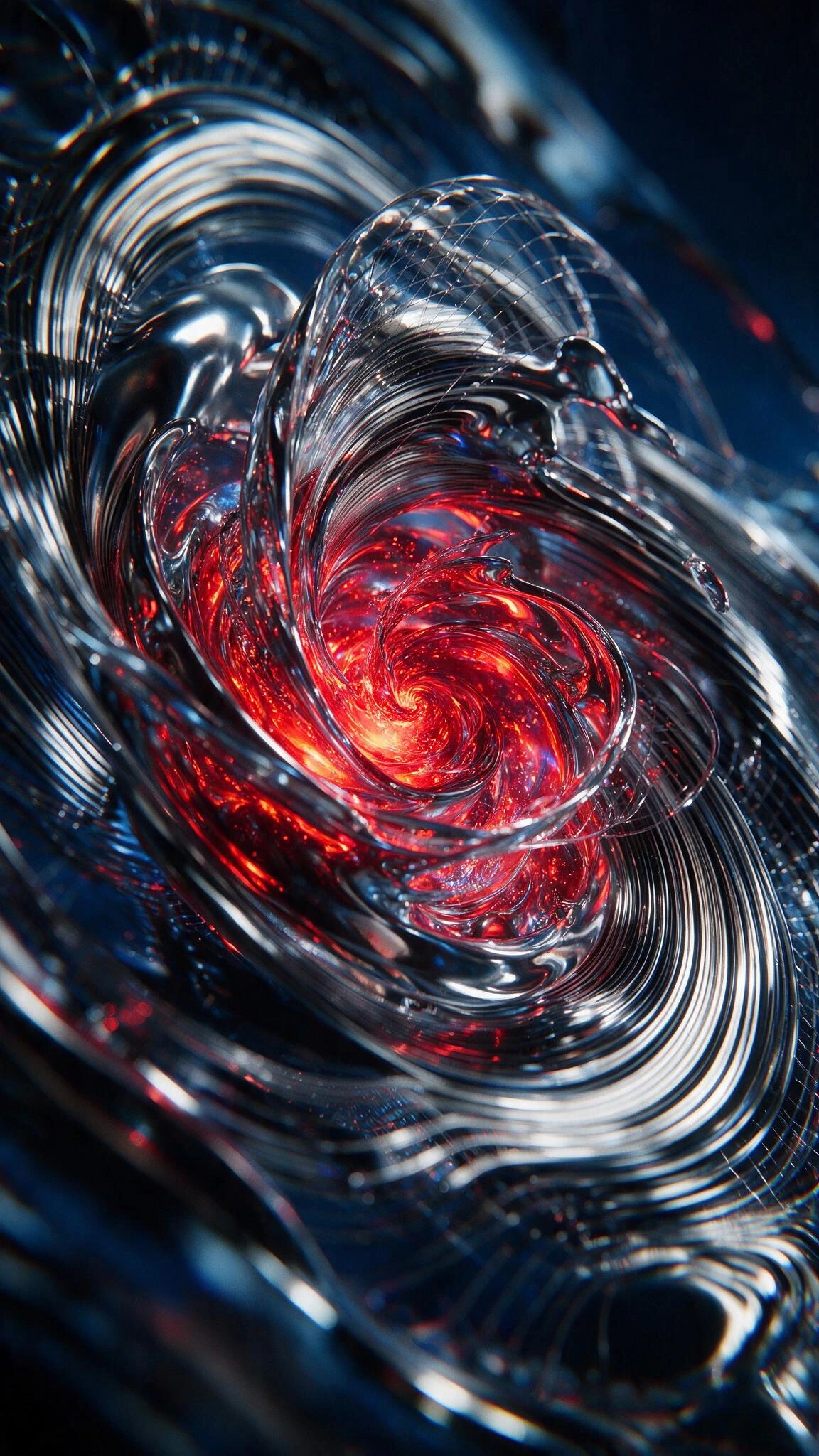 "A macro-photographic, hyper-maximalist visualization of "Liquid Glass — Fluid Motion," functioning as a visual manifestation of a cognitive shift and quantum entanglement. The core subject is an impossible, zero-gravity kinetic anomaly composed enti