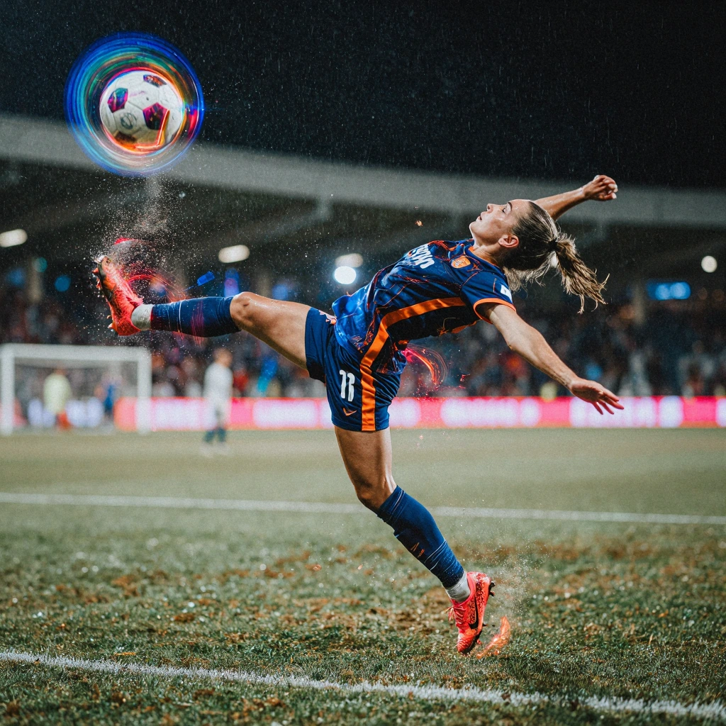 A female footballer in an unbranded deepblue and burntorange kit launches into a gravitydefying midair volley inside a rainsoaked night stadium. The ball streaks past the lens with elegant motion blur, droplets and turf particles suspended in the air