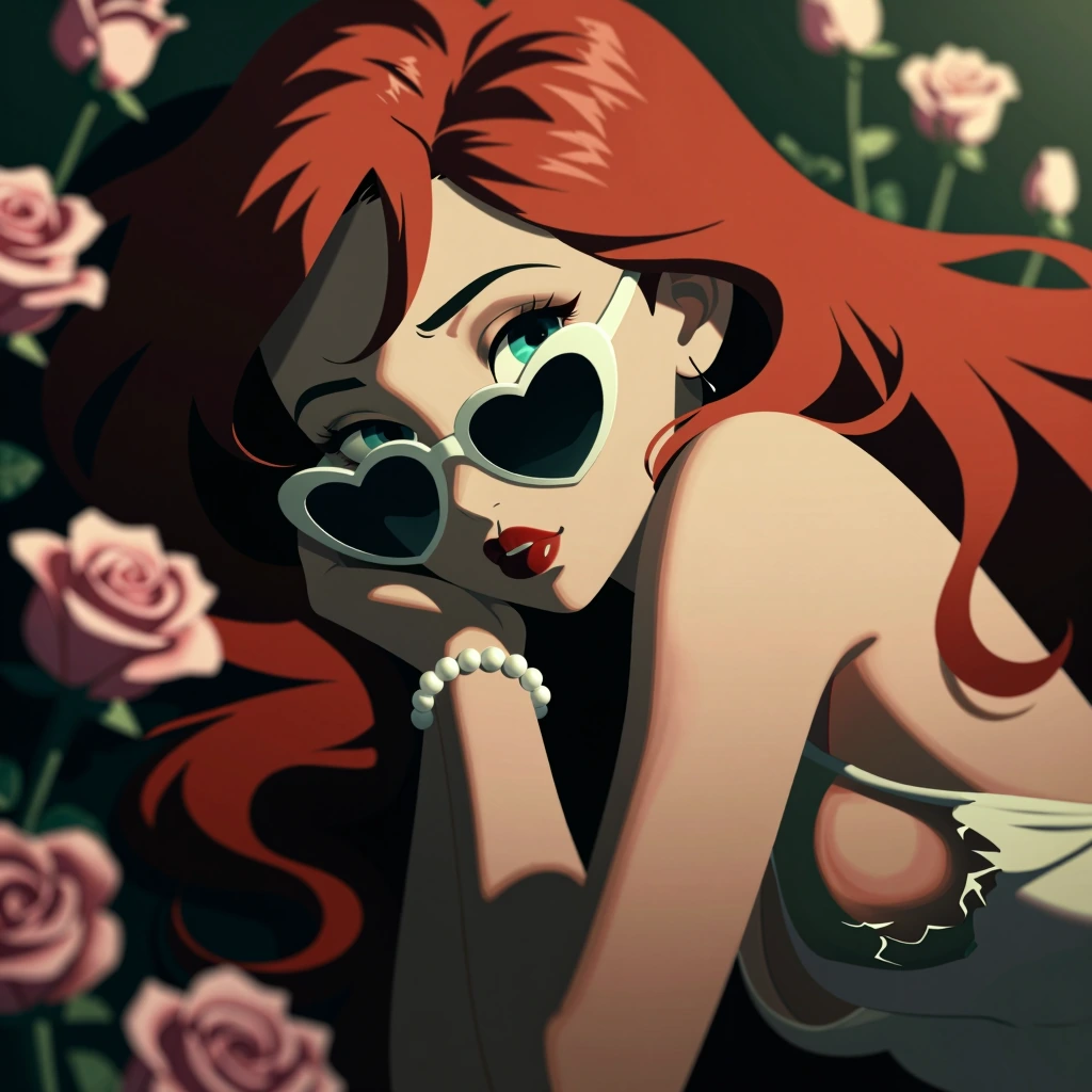ariel, disney mermaid 1girl, fair skin, red lips, red hair, large aqua eyes, goth outfit, torn revealing clothes, goth makeup, looking at viewer, she is wearing 70s heart shaped sunglasses and pearls