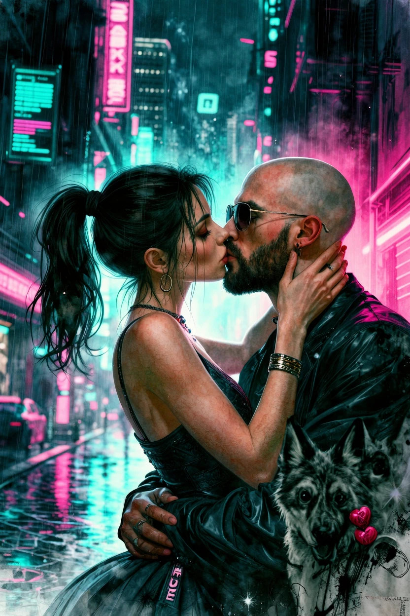 the cartography of a first kiss, a bald man with trimmed beard and sunglasses and a bombshell bracelet brunette with a ponytail, wolf pups