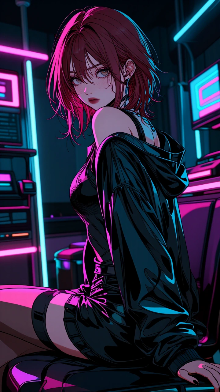 Masterpiece, best quality, ultra-detailed digital illustration. Vanessa sitting on the floor in a dark room lit by pink and blue neon lights. She’s wearing an oversized black hoodie that’s slipping off one shoulder, short shorts. Short reddish-brown