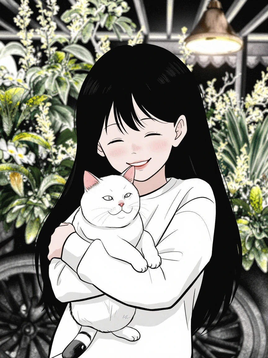 Happy Girl with her cat at a flower show. Kawaii themed