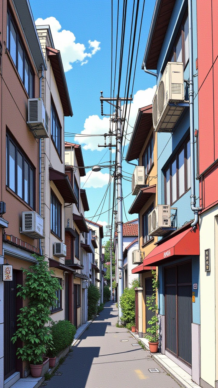 classic anime street scene, narrow urban alley with traditional Japanese buildings, air conditioning units mounted on walls, detailed windows, power lines overhead, cel-shaded illustration with flat color blocking, bold outlines, limited color palett