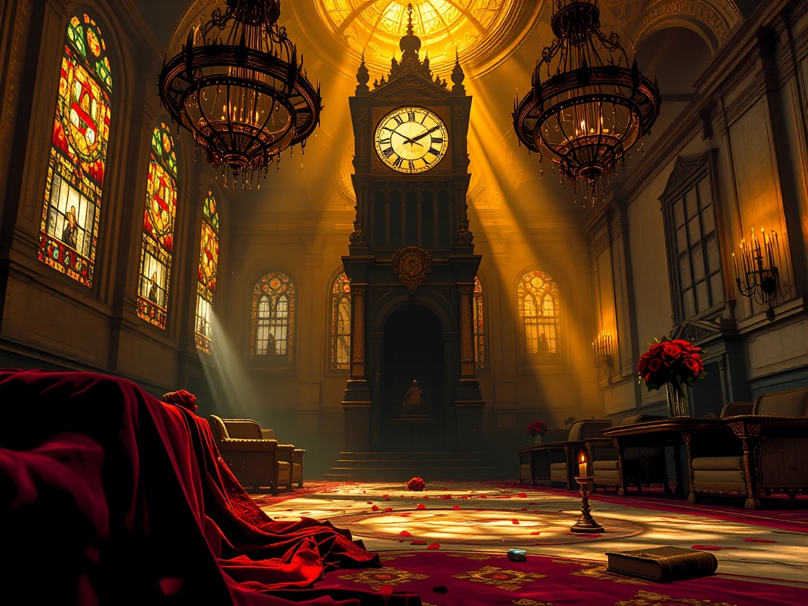 A monumental clock tower frozen at midnight, its ornate brass hands casting long shadows across weathered stone, golden light bleeding through stained glass windows, dust motes suspended in amber rays, forgotten confetti scattered across marble floor