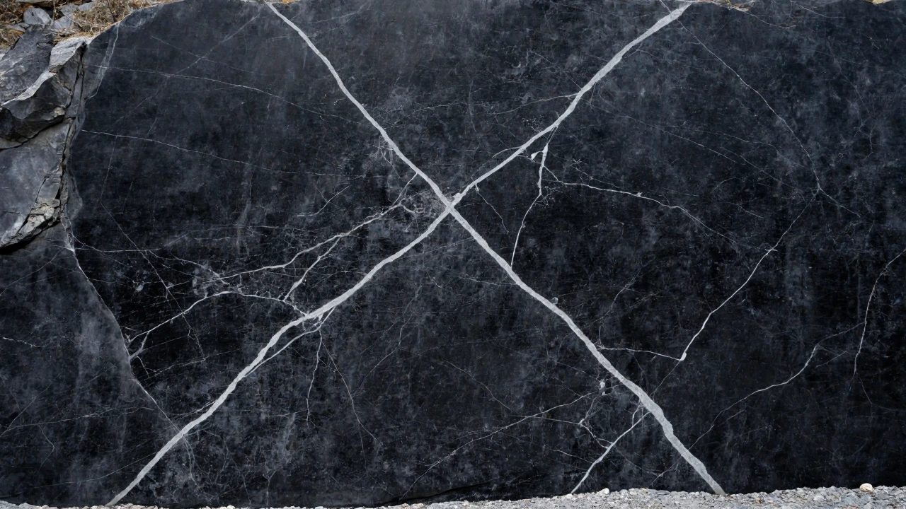 A marble quarry with black marble with white veins