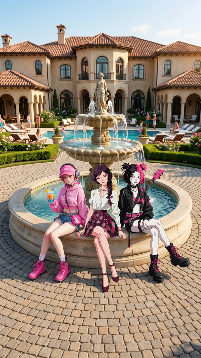put these three girls at a pool party in front of a big mansion, sitting in front of the fountain in the driveway for a photo together