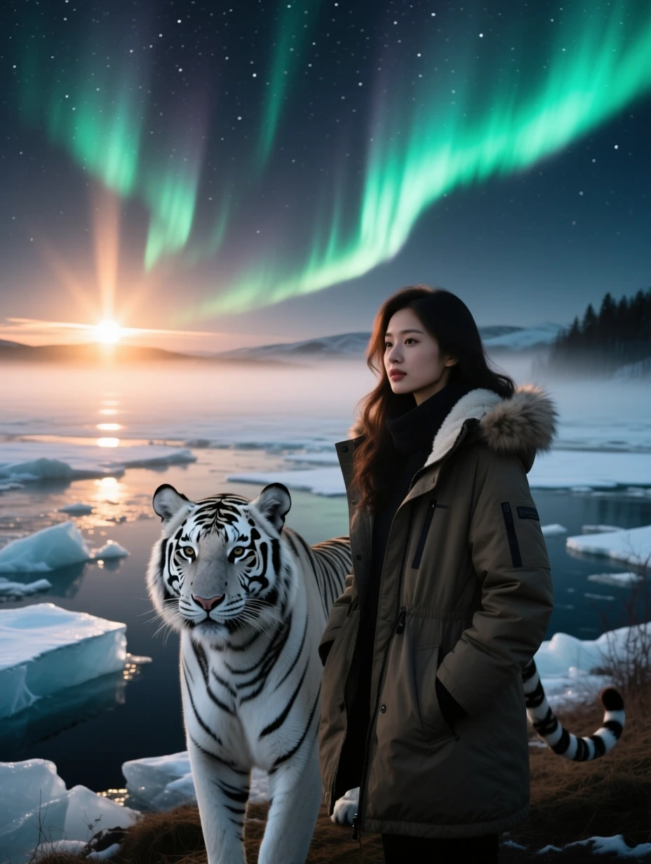 A beautiful woman in a parka and a white Siberian tiger, background The Northern Lights over a broken Ice Field as the sun rises in the distance causi