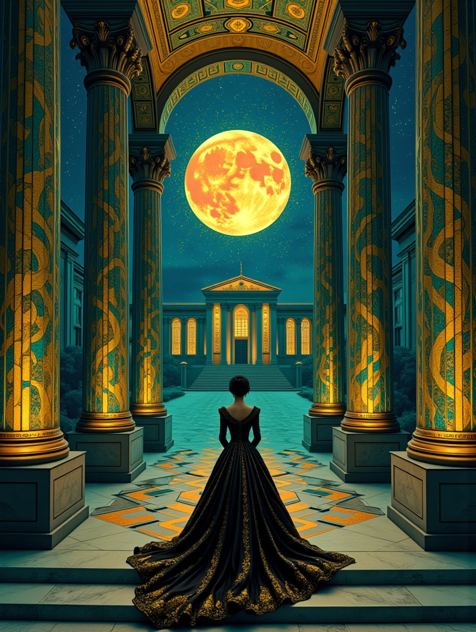 Monumental neoclassical colonnade hall at night, towering fluted Corinthian columns adorned with intricate gold leaf mosaics, geometric patterns, jewe