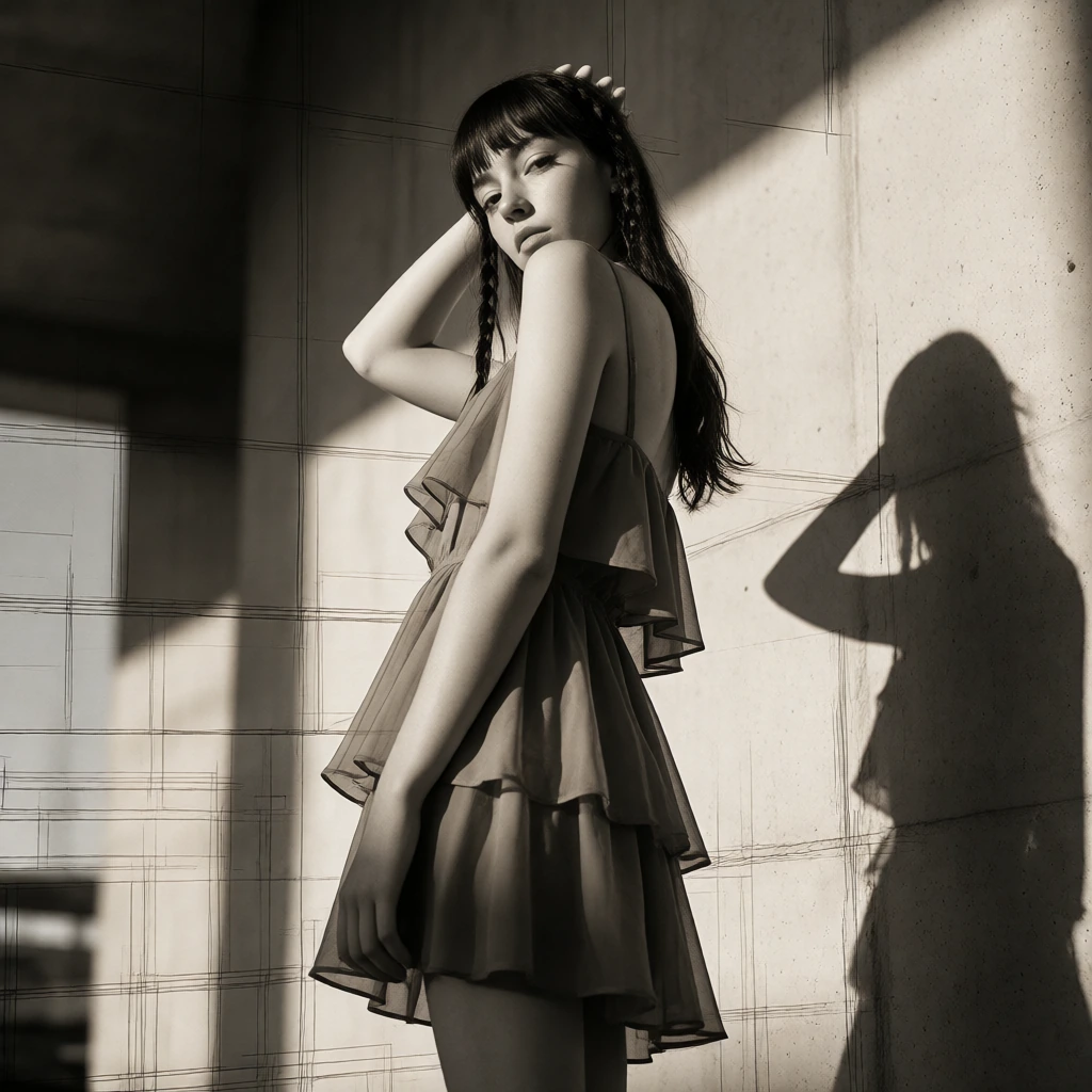 Young Irish woman with pale skin and dark braided bangs, standing barefoot with bare shoulders and defined musculature, hip tilted and hand to hair in confident half-turn toward camera. Tiered dress with layered flounces. Shot from below at f/4.0 wit
