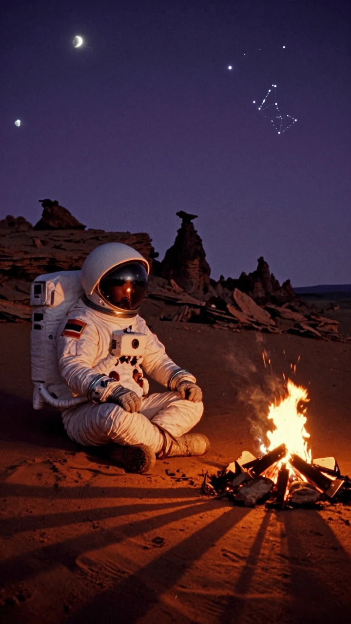 An astronaut in a full pressurized suit sitting cross-legged beside a small campfire on an alien desert at dusk, the fire casting long shadows across rust-colored sand and jagged rock formations. The sky above a deep violet fading to black, with two