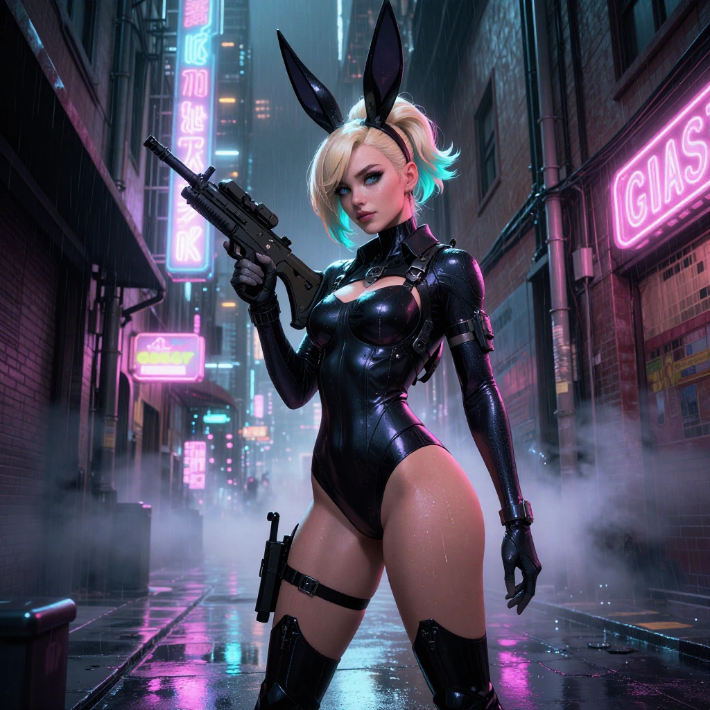 alexis sterling as a tactical gun bunny in a neon-soaked cyberpunk alley at night, wearing sleek bla…