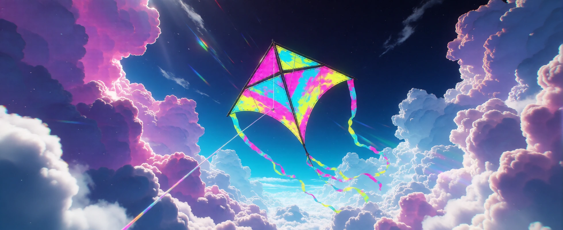 Capture a vivid diamond-shaped kite soaring triumphantly through billowing white clouds, its surface a electric tapestry of magenta, cyan, and acid-yellow panels stitched together, streaming ribbon tails that whip and ripple against the wind. Shoot f