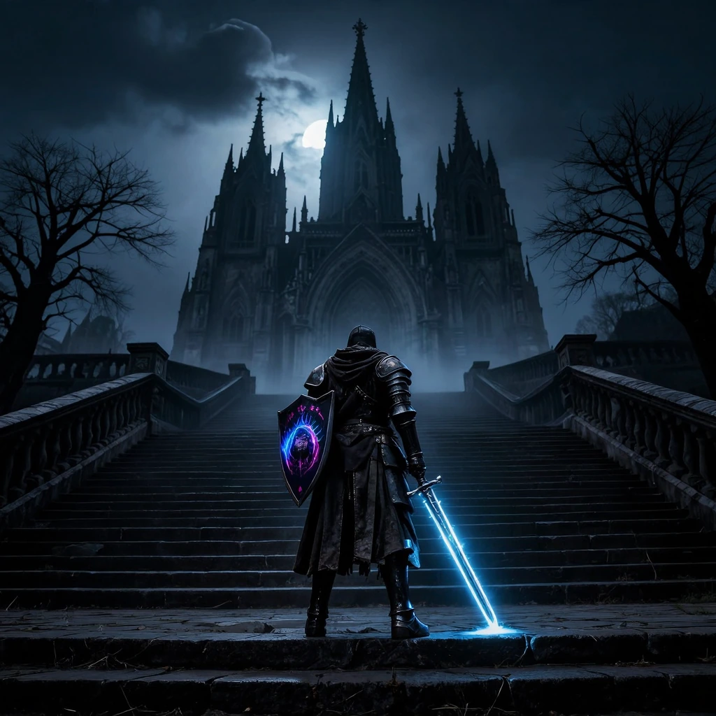 A wide-angle, cinematic dark fantasy photograph capturing a solitary, heavily-armored knight from a low, rear perspective. The knight, clad in dark, ornate plate armor and a flowing, weathered cape, stands at the base of a winding, ancient, moss-cove