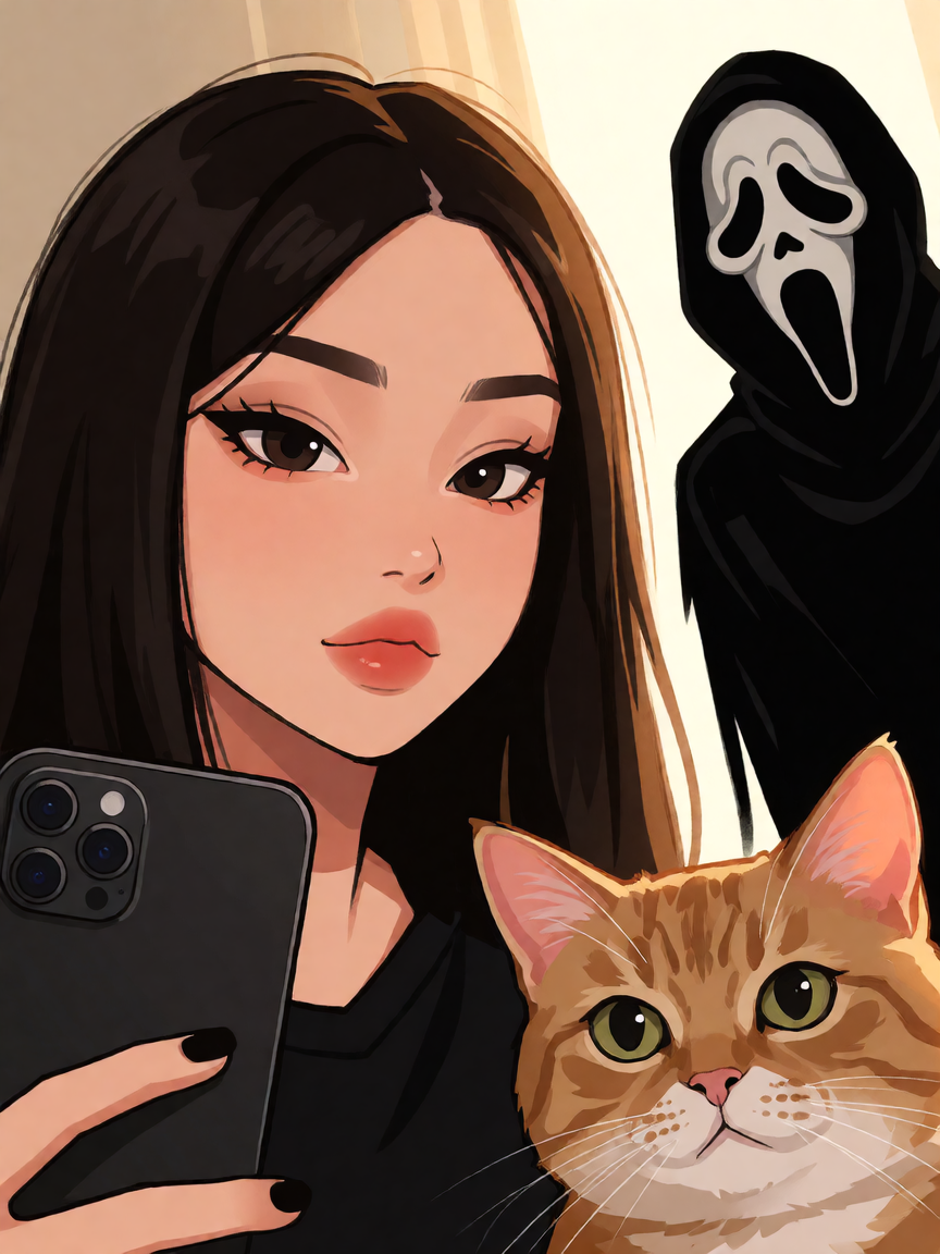 Crazy girlfriend, taking a selfie with her cat, and not even noticing that ghostface is behind her
