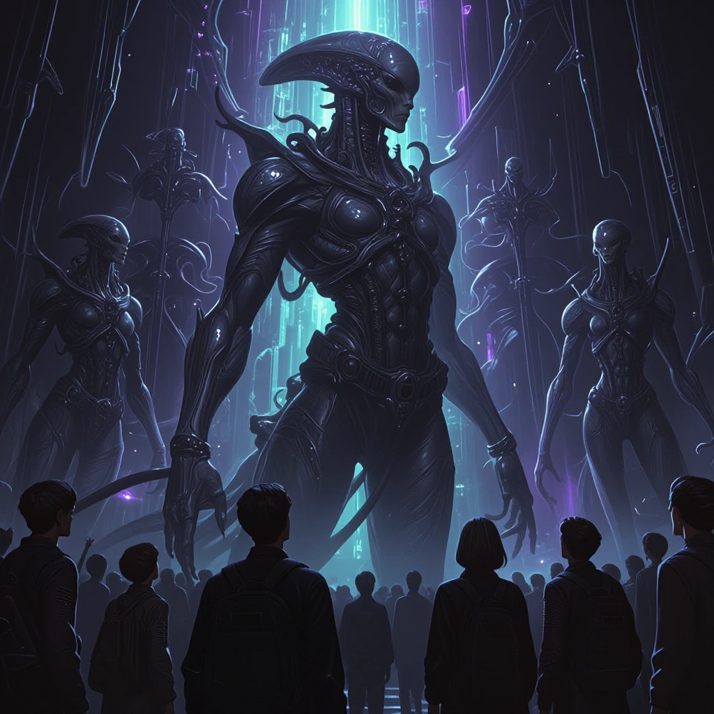 A towering alien overlord silhouetted against bioluminescent cityscape, commanding presence, extraterrestrial beings of crystalline and organic forms 
