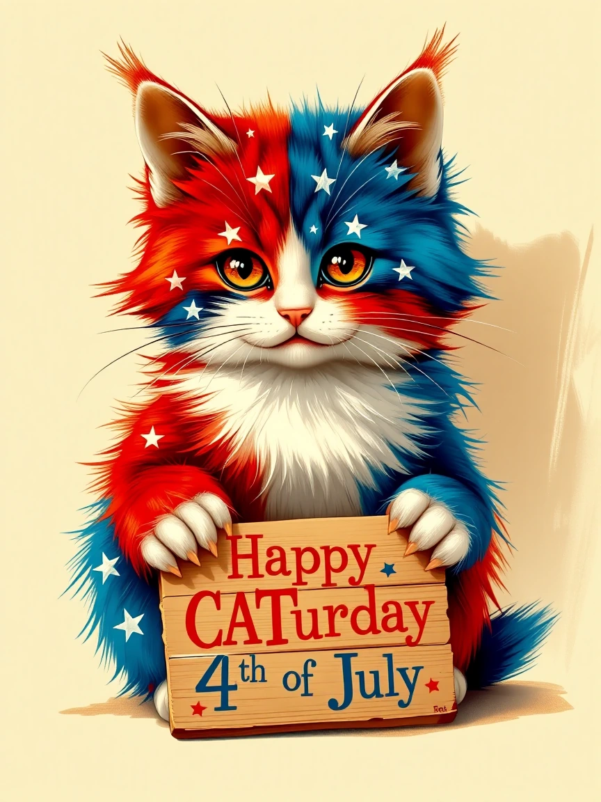 A fluffy kitten with red, white, and blue fur in distinct blocks like a stylized American flag—red on one side, white stripe down the middle, blue on 