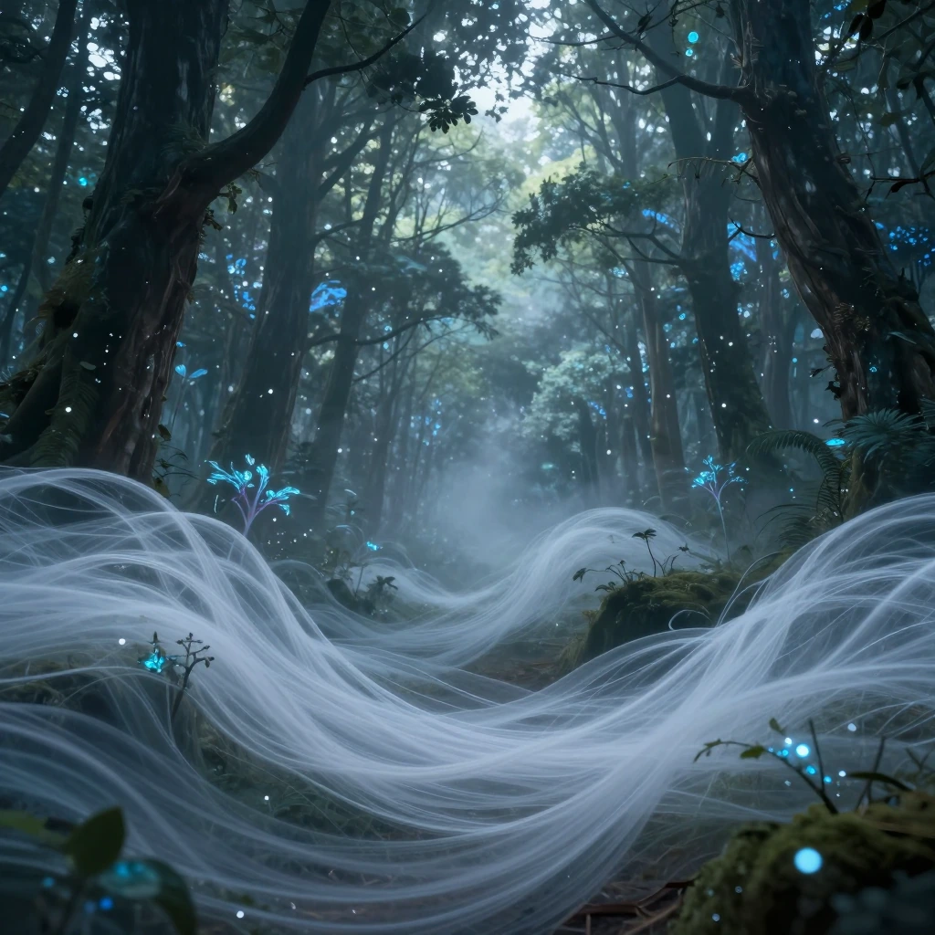 Translucent layers of silk and mist swirling through an otherworldly forest of bioluminescent trees and floating particles of pure magic.