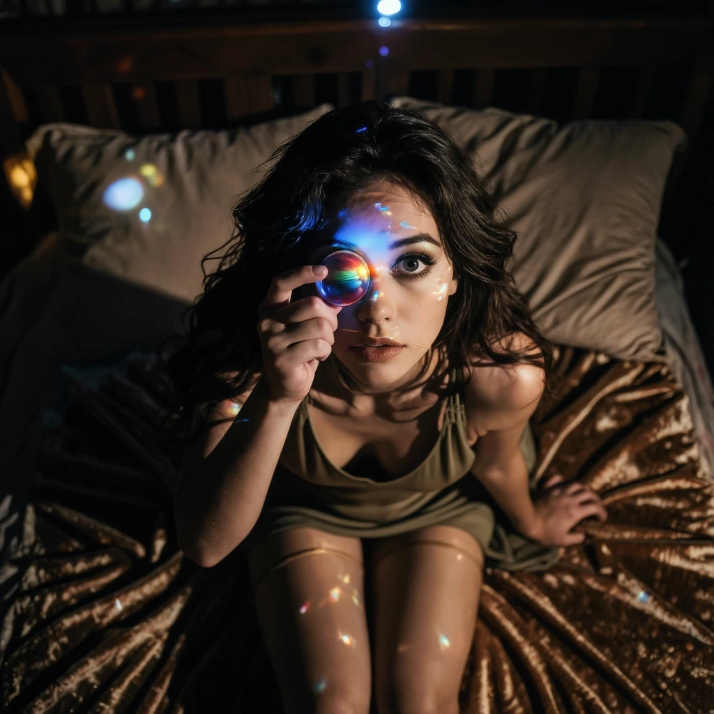 A breathtaking close-up from directly above captures a solitary woman with enormous, symmetrically beautiful eyes gazing upward, her long silky hair cascading across plush pillows as she sits atop a lavish velvet bed in a dimly lit mountain cabin bed