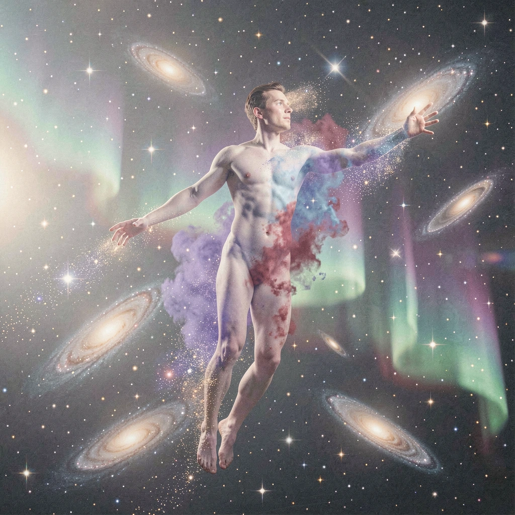 A solitary figure floating weightlessly in the infinite void of deep space, their physical form gradually dissolving and transforming into luminous st