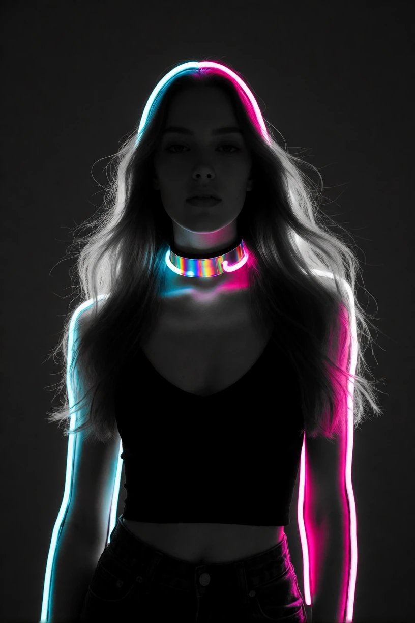 Woman with long flowing hair and a choker, photographed in a darkened studio, neon light sources—cyan, magenta, hot pink—positioned to rim-light her s
