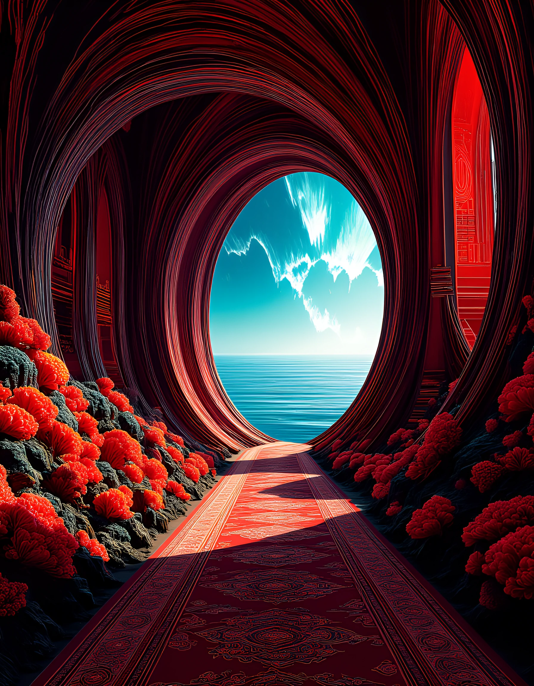 # Crimson Serenity A striking red architectural passage frames an azure seascape. Vibrant coral walls enclose the corridor, their textured surface glowing warmly in sunlight. An ornate red and beige patterned carpet runners guide the eye forward, lea