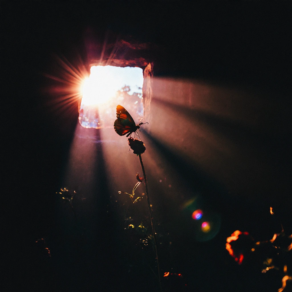 masterpiece, cave, window, dark, scenery, flower, butterfly, silhouette, wind, blurry foreground, blurry background, sunset, high contrast, drop shadow, chromatic aberration, (reddizen:0.7), backlighting, water, (diffraction spikes:0.1), bloom, sunbe