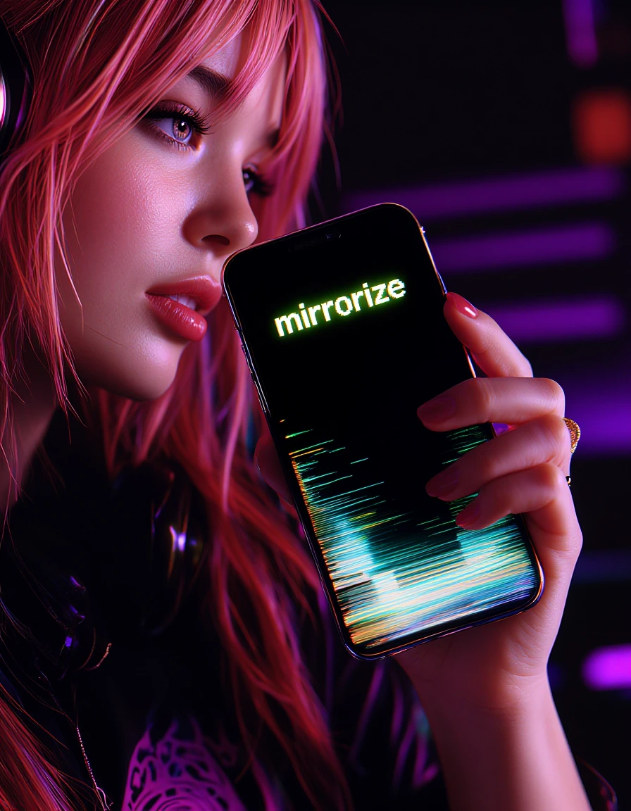 Egirl gamer aesthetic, young woman with pastel hair and soft glowing skin, holding a sleek iPhone, face illuminated by the screen glow in a dark room,