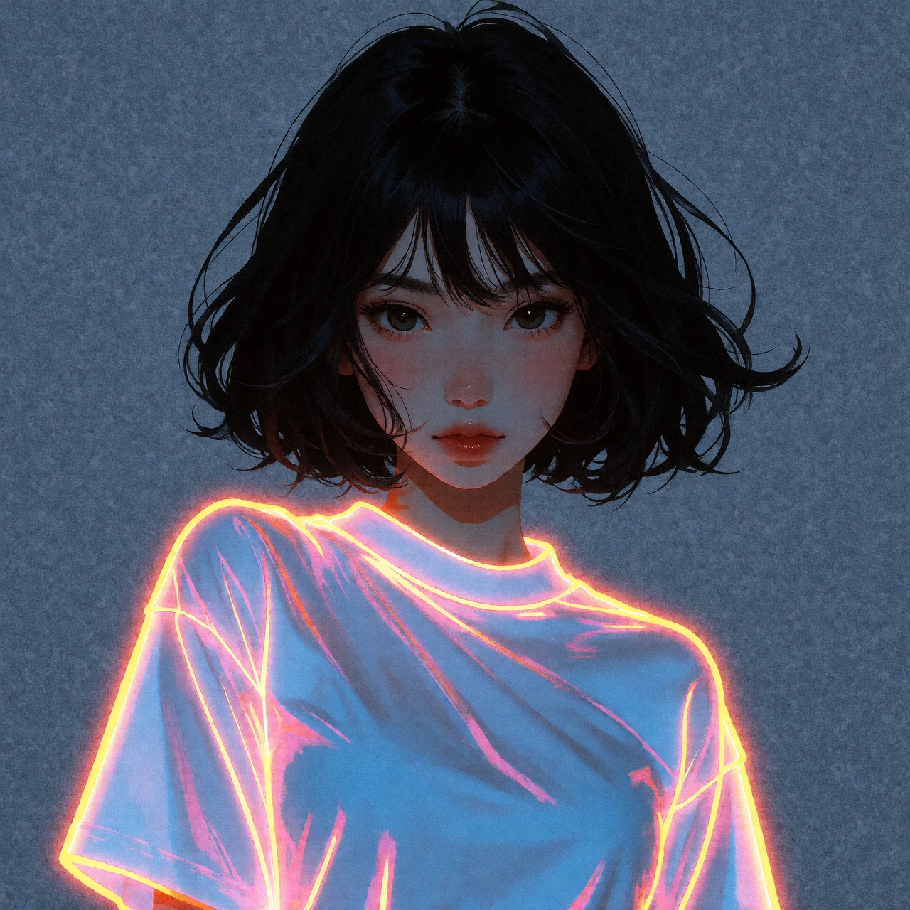 add film grain to this and make her shirt have a neon outline