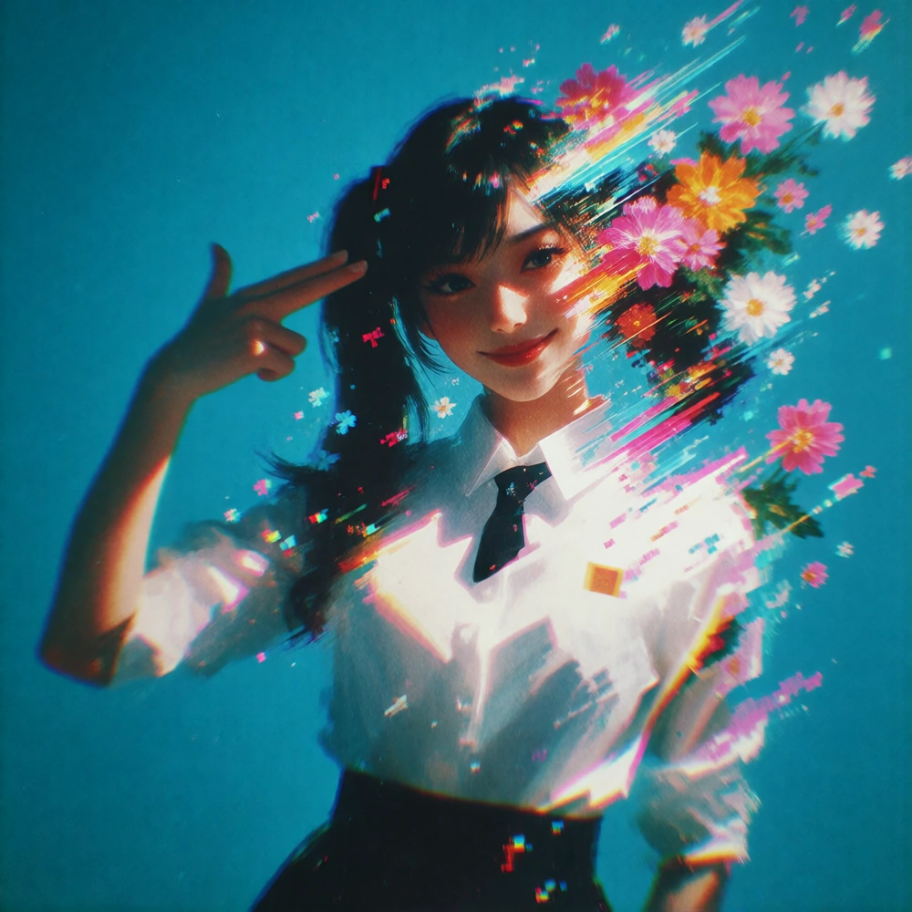 best quality, score_7, score_9, sensitive, very aesthetic, ultra detailed, fair skin, explicit, high contrast, slightly eerie smile and is pointing her right hand at her head in a playful finger-gun gesture. the entire right side of her head and the 