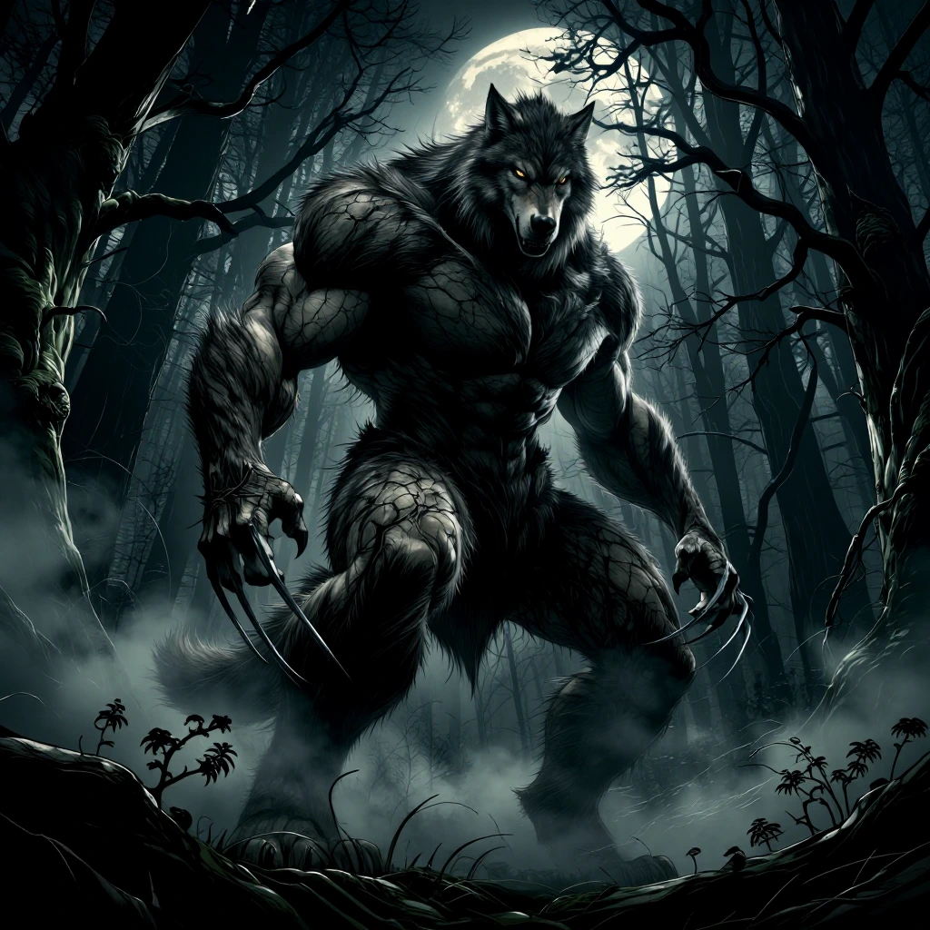 A muscular wolfman with dark, matted fur and glowing amber eyes stands menacingly in a moonlit forest clearing, captured from a dramatic low-angle perspective that emphasizes his towering physique. Sharp claws extend from his powerful hands as mist s