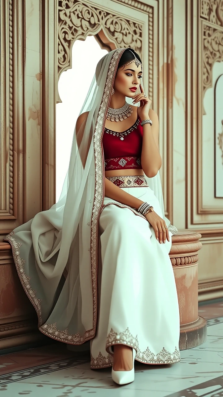 Full-body editorial portrait of a graceful woman wearing a pearl-white semi-sheer lehenga and matching hooded dupatta with burgundy silk trim and silver-thread embroidery, a fitted burgundy blouse with pearl and crystal beadwork, ornate silver-and-go