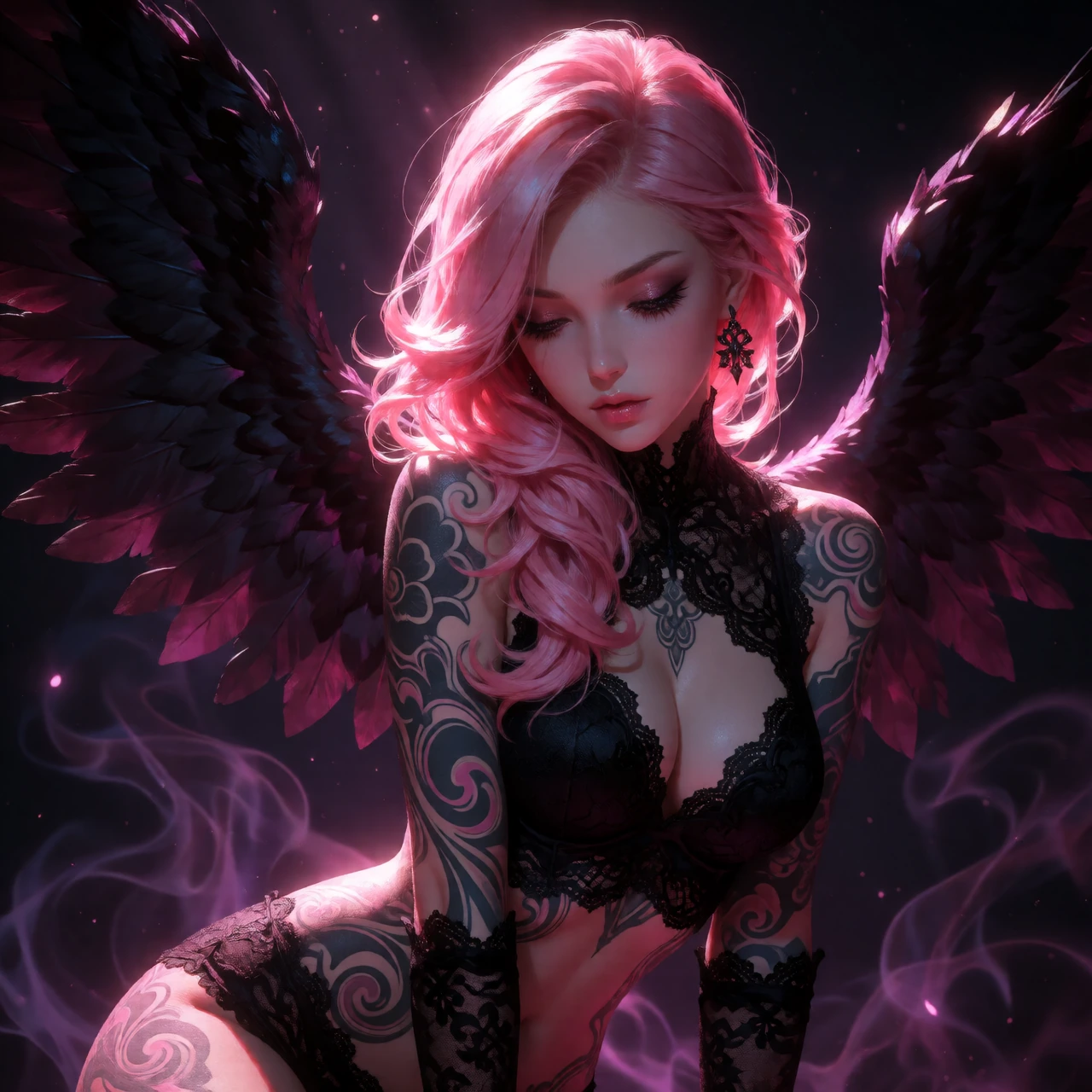 an artistic portrait of a woman with dark angel wings reflecting a pinkish glow. she has shoulder length pink hair draped over her shoulder, downcast eyes, and a delicate facial structure. she wears a black lace top, matching lace bottoms, and black 