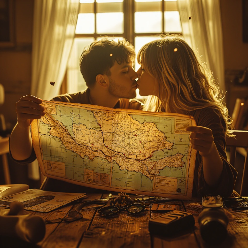 Two lovers sharing an intimate kiss beneath golden hour sunlight, weathered vintage map unfurled between their intertwined hands, soft warm light casting romantic shadows across their faces, rich sepia and cream tones bleeding into deep amber, delica