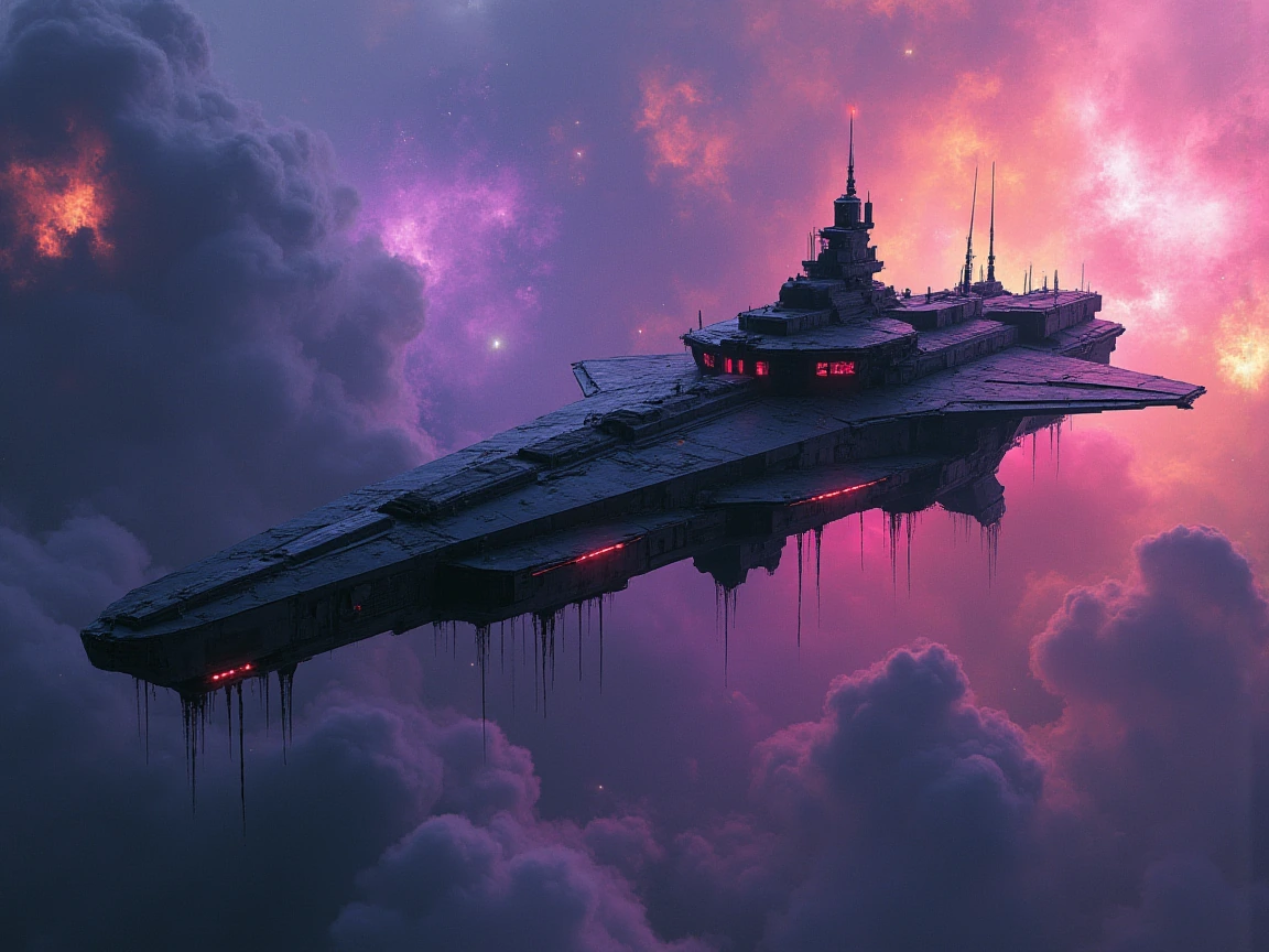 extreme wide shot of menacing alien warship, sleek obsidian hull with jagged angular geometry, bioluminescent red accents pulsing along corridors, hov