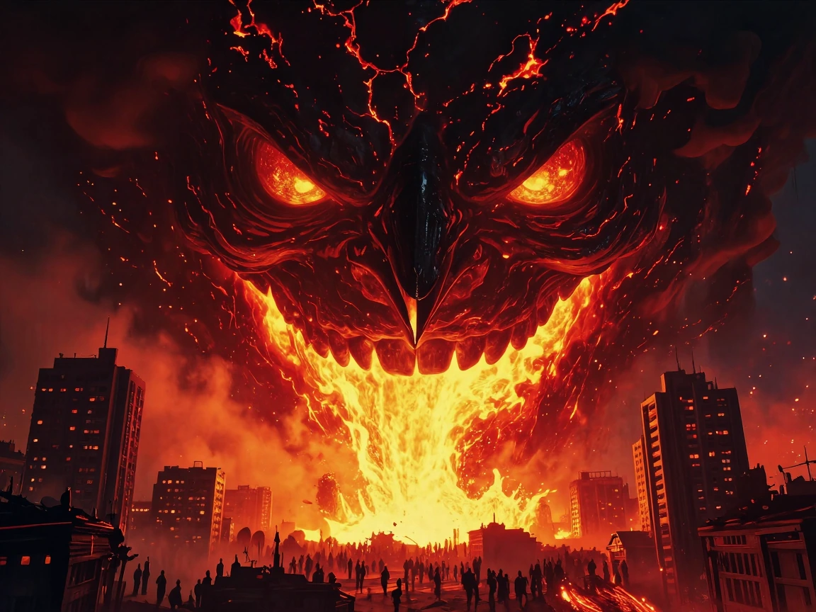 Massive tsunami of molten lava surging toward sprawling cityscape, glowing incandescent orange-red with golden highlights, thick roiling smoke billowi