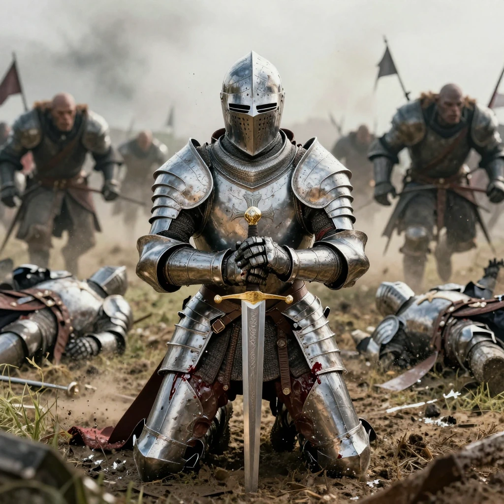 An ornate onyx and silver clad Knight kneeling in the mud of a battlefield with his sword point down before him both hands clasping the hilt, his armour rent in a dozen places and a slow trickle of red liquid oozing from the damaged armour staining t